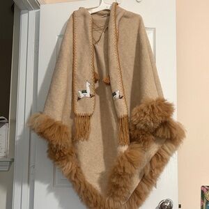 Beige Alpaca Fur Poncho with Fringe and Embroidery